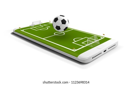 Mobile football soccer. Mobile sport play match. Online soccer game with live mobile app. Football field on the smartphone screen and 3d ball. Online ticket sales concept.