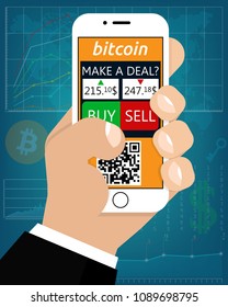 Mobile Foreign Exchange Trading, Flat Style. The Hand Holds The Phone With The Deal Online. (Bitcoin Deal, Stock Exchange, Cryptocurrency, Business and Investment, Trading Forex) Cartoon, Flat Style