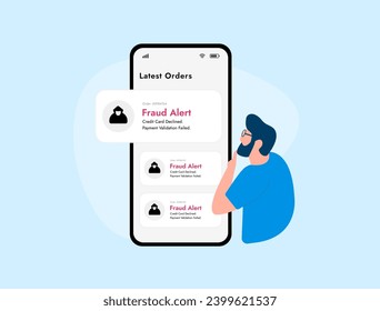 Mobile Fraud Alert - Online e-commerce shopping scam, warning of fraudulent card payment. Credit card declined concept. Hacker stealing money from smartphone payment app. Fraud alert notification