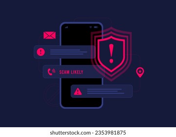 Mobile Fraud Alert, Phone scam, Online Warning. Spam Distribution or Malware Spreading Virus - mobile fraud alert warning notification. Vector isolated illustration on dark background with icons