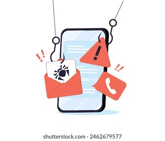 Mobile Fraud Alert, Phone scam, Online Warning. Spam Distribution or Malware Spreading Virus - mobile fraud alert warning notification. Vector isolated illustration on dark background with icons