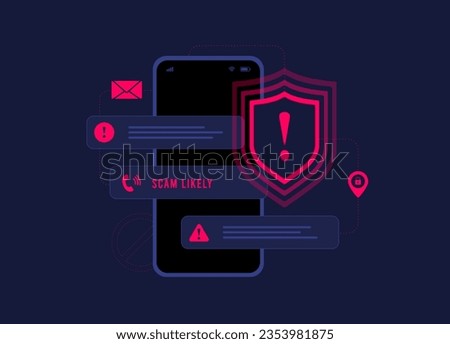 Mobile Fraud Alert, Phone scam, Online Warning. Spam Distribution or Malware Spreading Virus - mobile fraud alert warning notification. Vector isolated illustration on dark background with icons