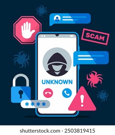 Mobile Fraud Alert. Poster with smartphone screen with warning messages about hacker attack and Internet scam. Phishing and Cybercrime. Hacker steals private personal data. Flat vector illustration