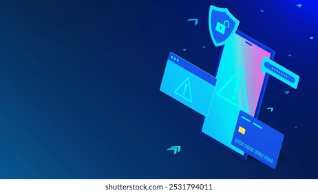 Mobile fraud warning alert, phone scam, malware spreading and online warning concept with 3d smartphone, shield and credit card on dark blue background. Vector illustration