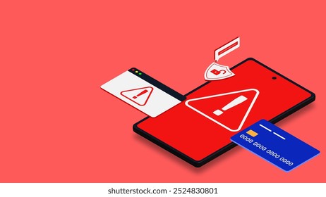 Concepto de alerta de fraude móvil con smartphone y tarjeta de crédito o débito isométrica. Phishing en Internet, alerta de estafa en línea y advertencia de fraude cibernético. Ilustración vectorial.