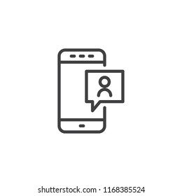 Mobile friend message notification outline icon. linear style sign for mobile concept and web design. Smartphone with chat bubble speech simple line vector icon. Symbol, logo illustration