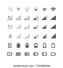 Mobile gadget bar icons set. Wi-fi level, 4g and 5g network signal strength, battery charge indicator. Communication, phone system symbols collection. Vector illustration for web, app, ui, interface.