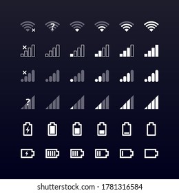 Mobile gadget bar icons set on black. Wi-fi level, 4g and 5g network signal strength, battery charge indicator. Communication, Vector phone system symbols for web, app, ui, interface, infographics.