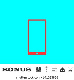 Mobile gadget icon flat. Red pictogram on blue background. Vector illustration symbol and bonus buttons Music center, corkscrew, credit card, house, drum