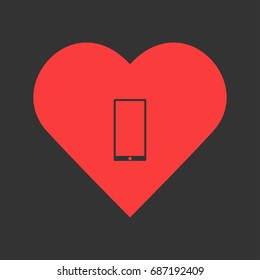 Mobile gadget icon flat. Simple pictogram on heart background. Vector illustration symbol