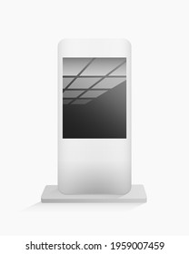 Mobile gadget on stand. Digital white device with dark lcd screen and reflections wireless smart technology with elegant vector design.
