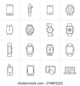 Mobile Gadgets And Smart Watches Linear Icon Set. Wearable  Electronic Devices. Simple Outlined Icons. Linear Style