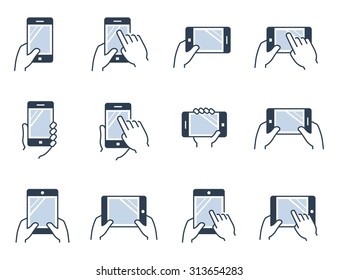 Mobile gadgets, tablets and smartphones in hands vector icon set