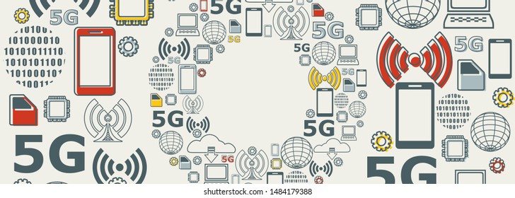 Mobile gadgets technology relative vector image. Circle frame with technology thin line icons. 5G Network Symbol.