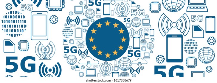 Mobile gadgets technology relative vector image. Circle frame with technology thin line icons. 5G Network Symbol. Flag of the European Union