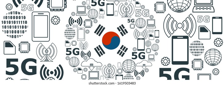Mobile gadgets technology relative vector image. Circle frame with technology thin line icons. 5G Network Symbol. Flag of the South Korea