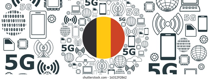 Mobile gadgets technology relative vector image. Circle frame with technology thin line icons. 5G Network Symbol. Flag of the Belgium