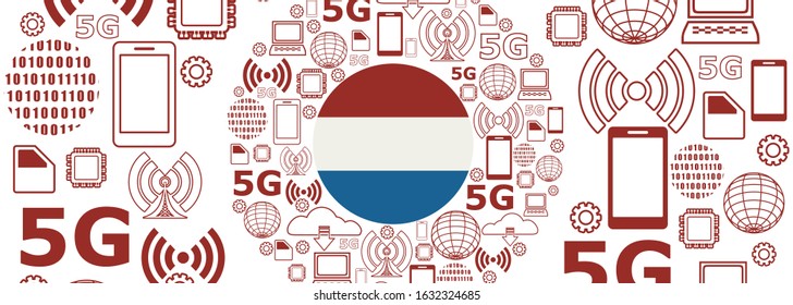 Mobile gadgets technology relative vector image. Circle frame with technology thin line icons. 5G Network Symbol. Flag of the Netherlands