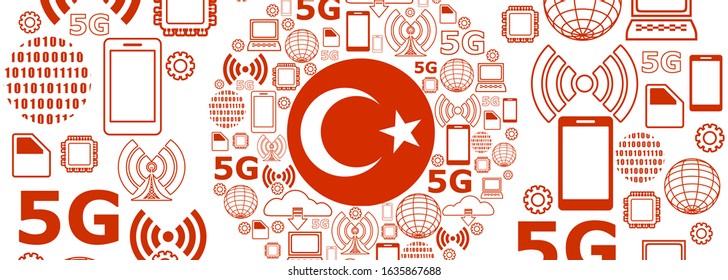 Mobile gadgets technology relative vector image. Circle frame with technology thin line icons. 5G Network Symbol. Flag of the Turkey
