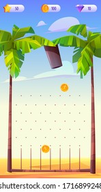 Mobile Game App Background, Application Vertical Interface With Cartoon Vector Level And Score. Ui Or Gui Arcade With Cannon Gun Shooting With Golden Coins From Palm Trees Aiming To Separated Slots