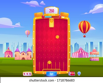 Mobile game app background, application vertical interface. Ui or Gui arcade with city fair, golden coins falling to slots on red field, medieval castle and big top tent, cartoon vector illustration