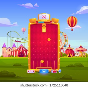 Mobile game app background, application vertical interface. Ui or Gui arcade with attraction park or fair, gold coins fall to slots on red field, castle and circus big top, cartoon vector illustration