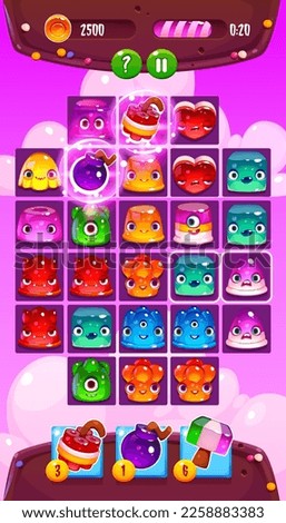 Mobile game app with funny jelly creatures. Vector cartoon illustration of cute slime faces with different emotions, alien gel characters, bomb, dynamite, score icons, ui screen buttons, progress bar