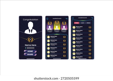Pantallas de aplicaciones de juegos móviles que muestran felicitaciones por lograr el primer lugar, clasificación con los tres mejores jugadores y clasificaciones detalladas por equipo, categorías locales o globales con puntuaciones.