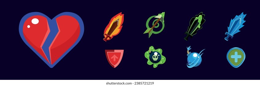 Activos de juego móviles con conjunto de vectores Sword, Arrow, Heart, Bomba y Shield