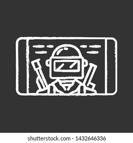 Mobile game chalk icon. Shooter, battle royale smartphone game. Telephone screen with game soldier, warrior, player. Cybersport, esport. Isolated vector chalkboard illustration