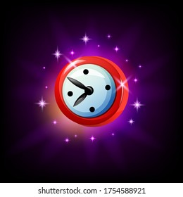 Mobile Game Clock Or Timer Icon On Dark Background. Vector Graphic User Interface Element For Mobile App, Cartoon Style