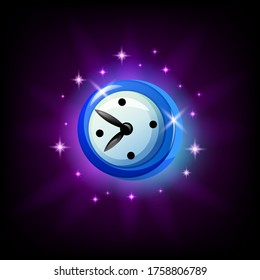 Mobile game clock or timer icon on dark background. Vector graphic user interface element for mobile app, cartoon style