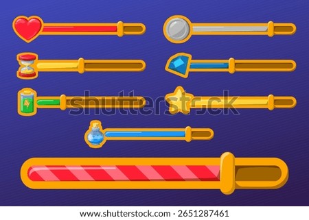 Mobile game design element set. Collection of progress bars. Game interface design. Health level. Time, money and energy level indication.