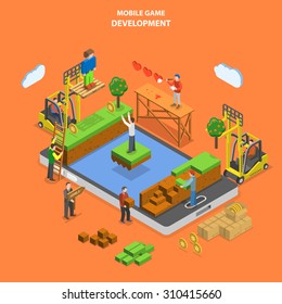 Mobile Game Development Flat Isometric Vector Concept. Developers Team Build Virtual World Of Mobile Game.