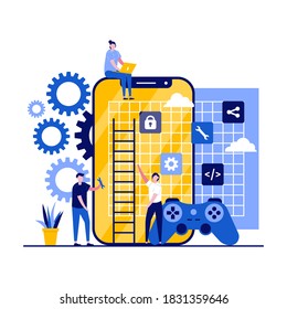 Mobile Game Development, Gaming Industry Konzepte mit Charakter, Joystick. Smartphone-Spieleprogrammierung. Moderner Flachstil für Landing Page, mobile App, Poster, Flyer, Web Banner, Heldenbilder.