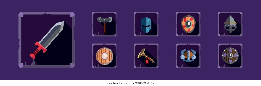 Mobiles Spielsymbol und Objekt mit mittelalterlichem Schwert, Schild und Helm-Vektorset