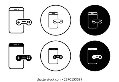 Mobile Game icon set. Phone gaming vector symbol in black filled and outlined style.