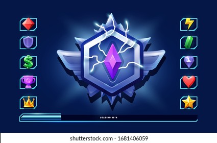 Mobile game icons set. Big bonus gem with electric lightning and metal on background. For game, user interface, banner, application, interface, slots, game development. 