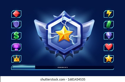 Mobile game icons set. Big bonus star with electric lightning and metal on background. For game, user interface, banner, application, interface, slots, game development. 