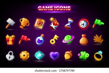 Mobile game icons set. GUI elements for mobile app, vector illustration in cartoon style - Spell book, gift, key, acorn, gear settings, red finish flag, clock alarm time, purple magic potion