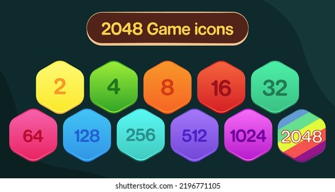 Iconos de juegos para móviles. Elementos GUI para aplicación móvil, ilustración vectorial en estilo de dibujos animados, juego 2048, iconos de juego 2048