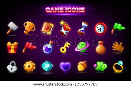 Mobile game icons set. GUI elements for mobile app, vector illustration in cartoon style - Spell book, gift, key, acorn, gear settings, red finish flag, clock alarm time, purple magic potion