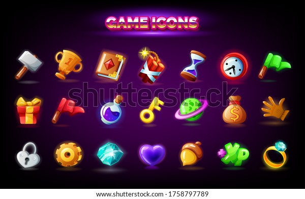 Mobile\
game icons set. GUI elements for mobile app, vector illustration in\
cartoon style - Spell book, gift, key, acorn, gear settings, red\
finish flag, clock alarm time, purple magic\
potion