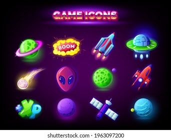 Mobile game icons set isolated on dark background. GUI elements for mobile app, vector illustration pack in cartoon style