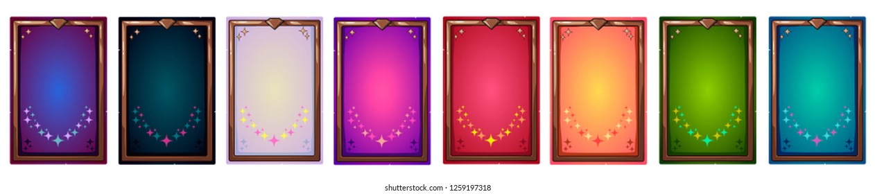 Mobile game interface card. Cartoon vector backgrounds. Isolated on white background. Colorful cards with bronze frame set. 