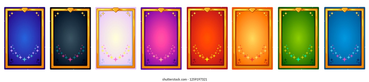 Mobile Game Interface Card. Cartoon Vector Backgrounds. Isolated On White Background. Colorful Cards With Golden Frame Set. 