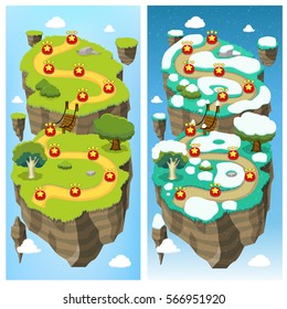 Mobile game level map concept with summer winter landscape road and natural elements on island platform vector illustration