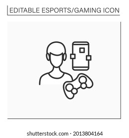 Mobile game line icon. Gaming on smartphones. Gamer playing with technical devices. Headphones, joystick. Esports concept. Isolated vector illustration.Editable stroke