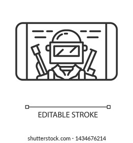 Mobile game linear icon. Shooter, battle royale smartphone game. Telephone screen with player. Cybersport, esport app. Thin line illustration. Contour vector isolated outline drawing. Editable stroke