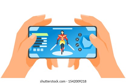 Mobile Game Moba Character On Phone Screen Vector Illustration And Design. Smartphone Gaming Mode Concept Element. Can Be Used For Web, Mobile, Infographic, And Print